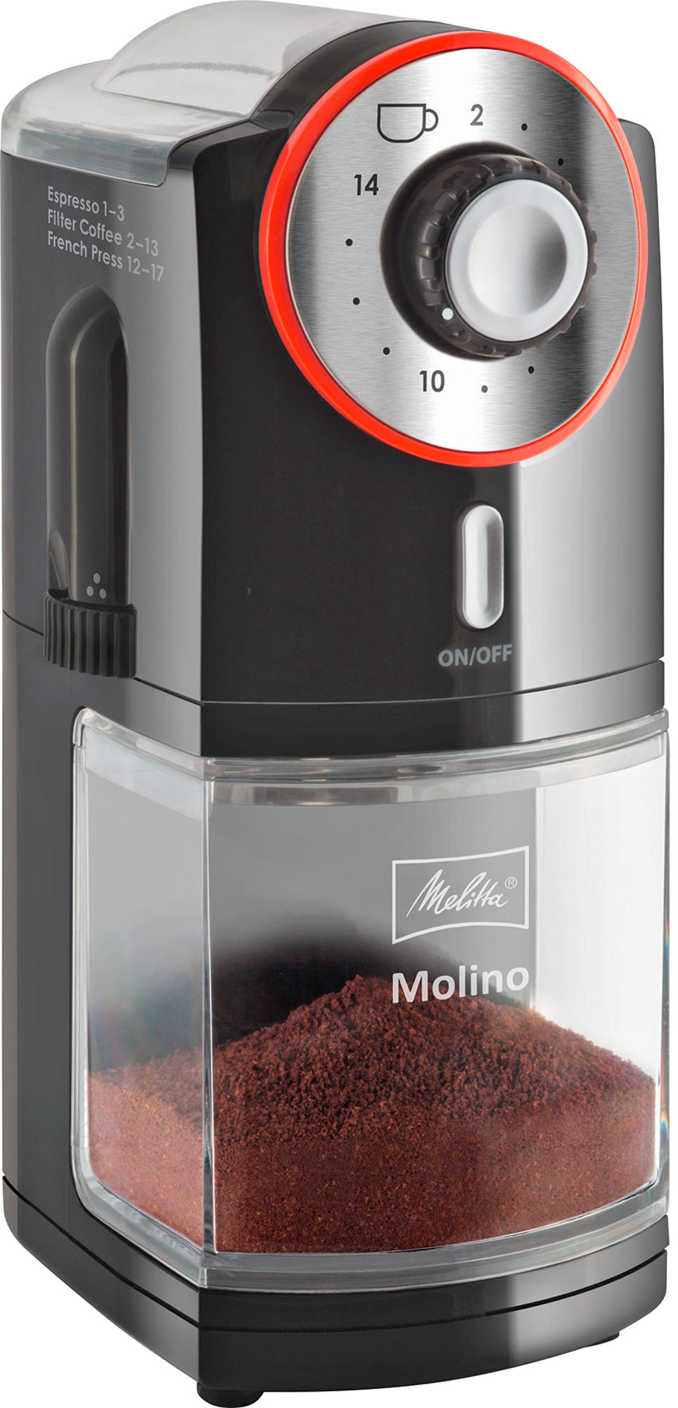 Un moulin à café Melitta Molino noir et gris avec une trémie transparente et du café moulu à l'intérieur.