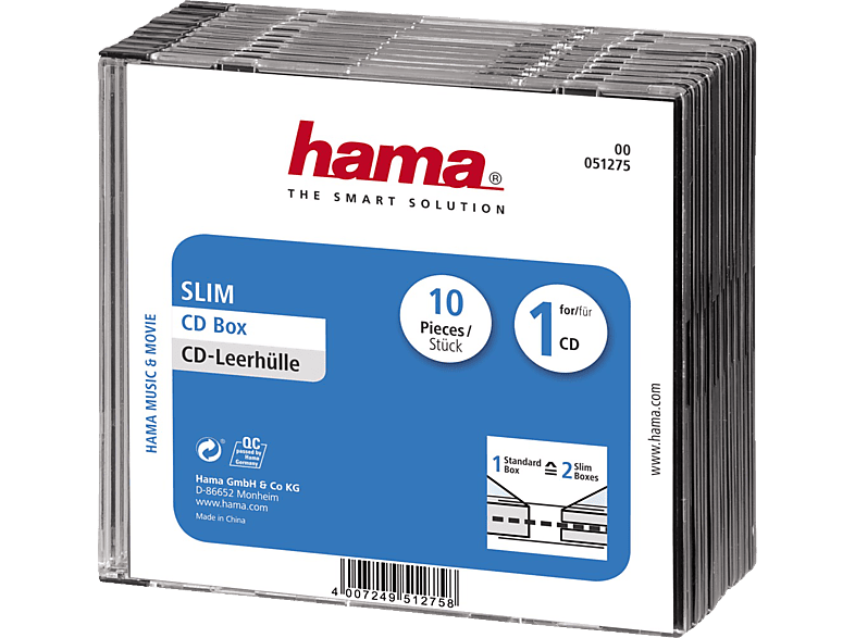 HAMA 51275 CD-Leerhülle Slim, 10er-Pack, Transparent/Schwarz