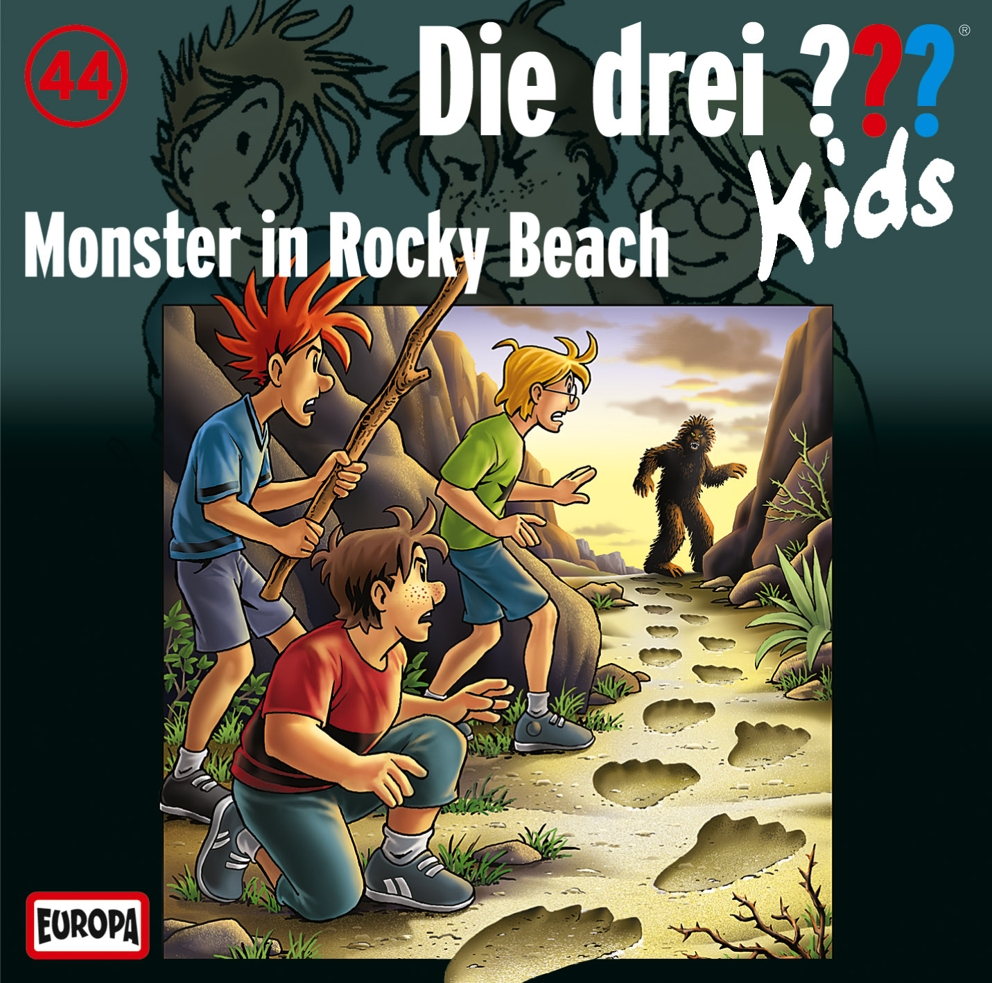 CD-Cover, drei Jungen betrachten ein Monster an einem felsigen Strand. Der Titel ist Die drei ??? Kids.