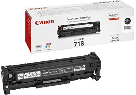 Schwarze Canon 718 Tonerkartusche und Box, die Kartusche separat gezeigt.