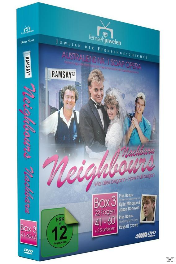 Eine DVD-Box für die Serie „Neighbours“ mit Schauspielern auf dem Cover; ein Mann im Anzug und eine Frau im Hochzeitskleid.