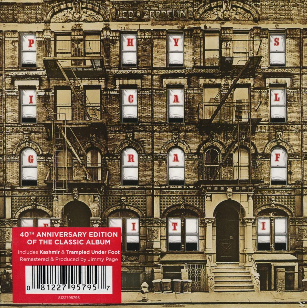Albumcover Led Zeppelin, Gebäude mit Fenstern, roter Aufkleber, 'Physical Graffiti'.