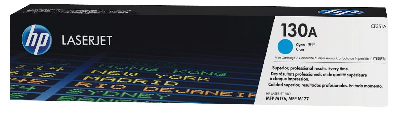 Boîte de cartouche de toner HP 130A Cyan, avec un motif de carte du monde.