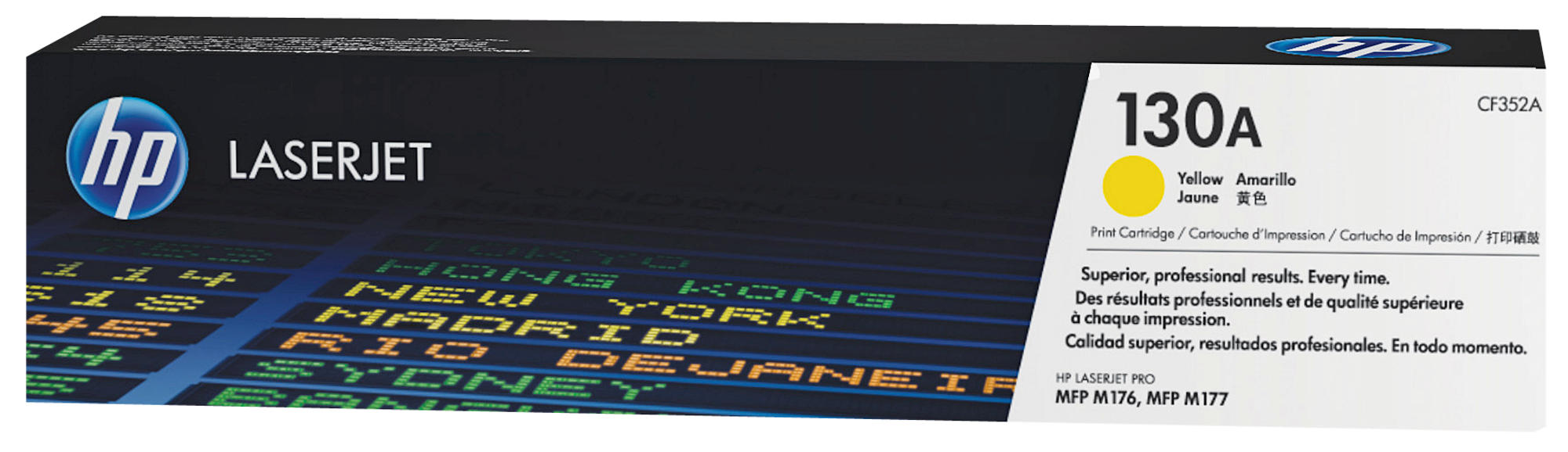 Pudełko z tonerem HP LaserJet 130A. Żółty toner z tekstem w wielu językach. Czarno-biały.