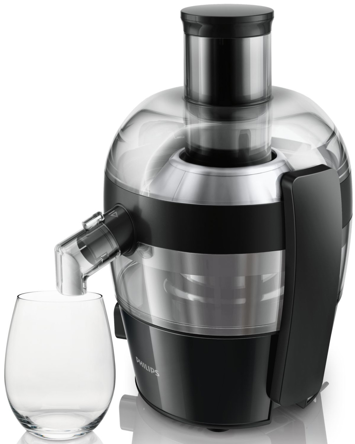 Zwarte en zilveren sapcentrifuge met een doorzichtige container en glas.