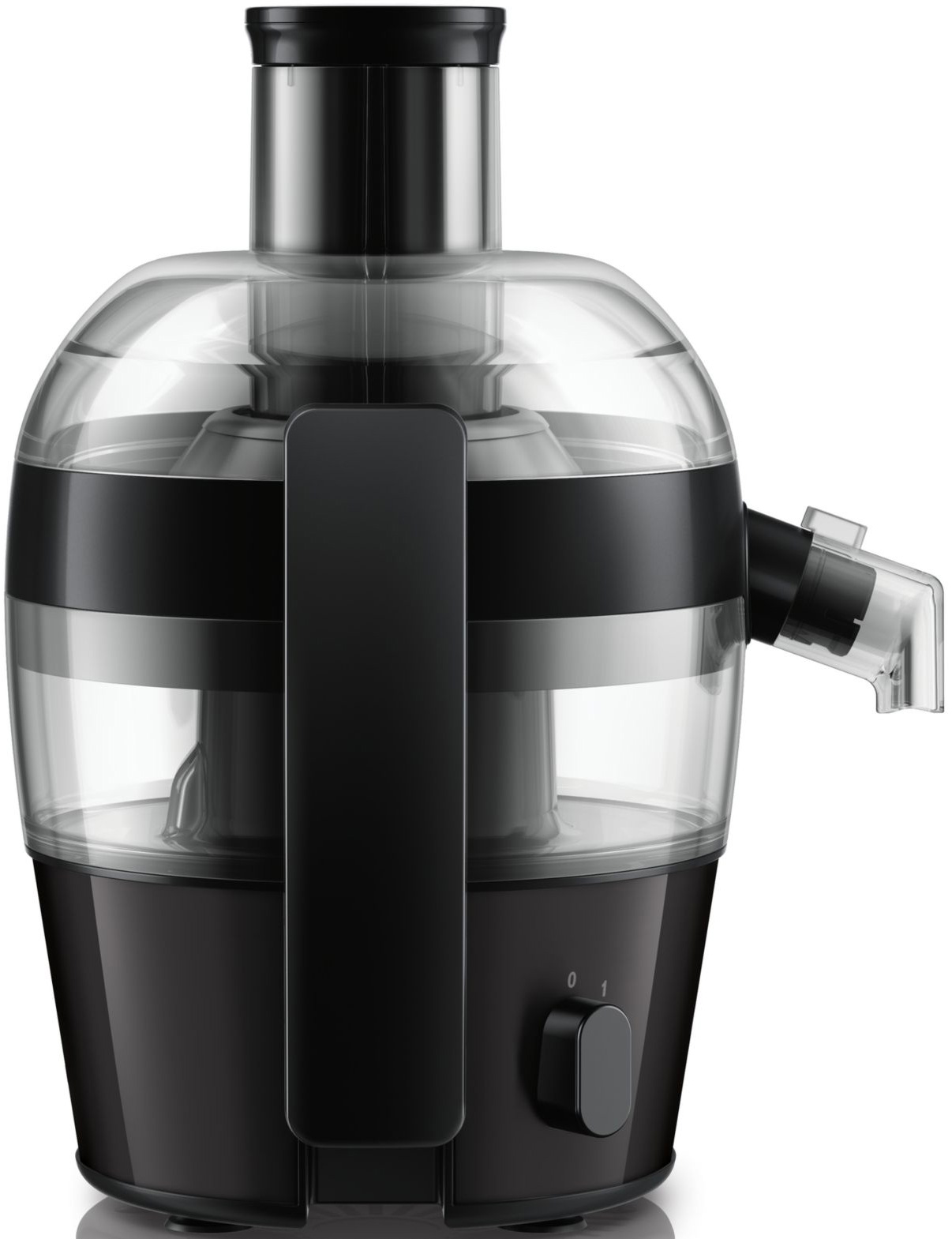 Een zwarte en doorzichtige Philips sapcentrifuge. Een zwarte handgreep aan de rechterkant.