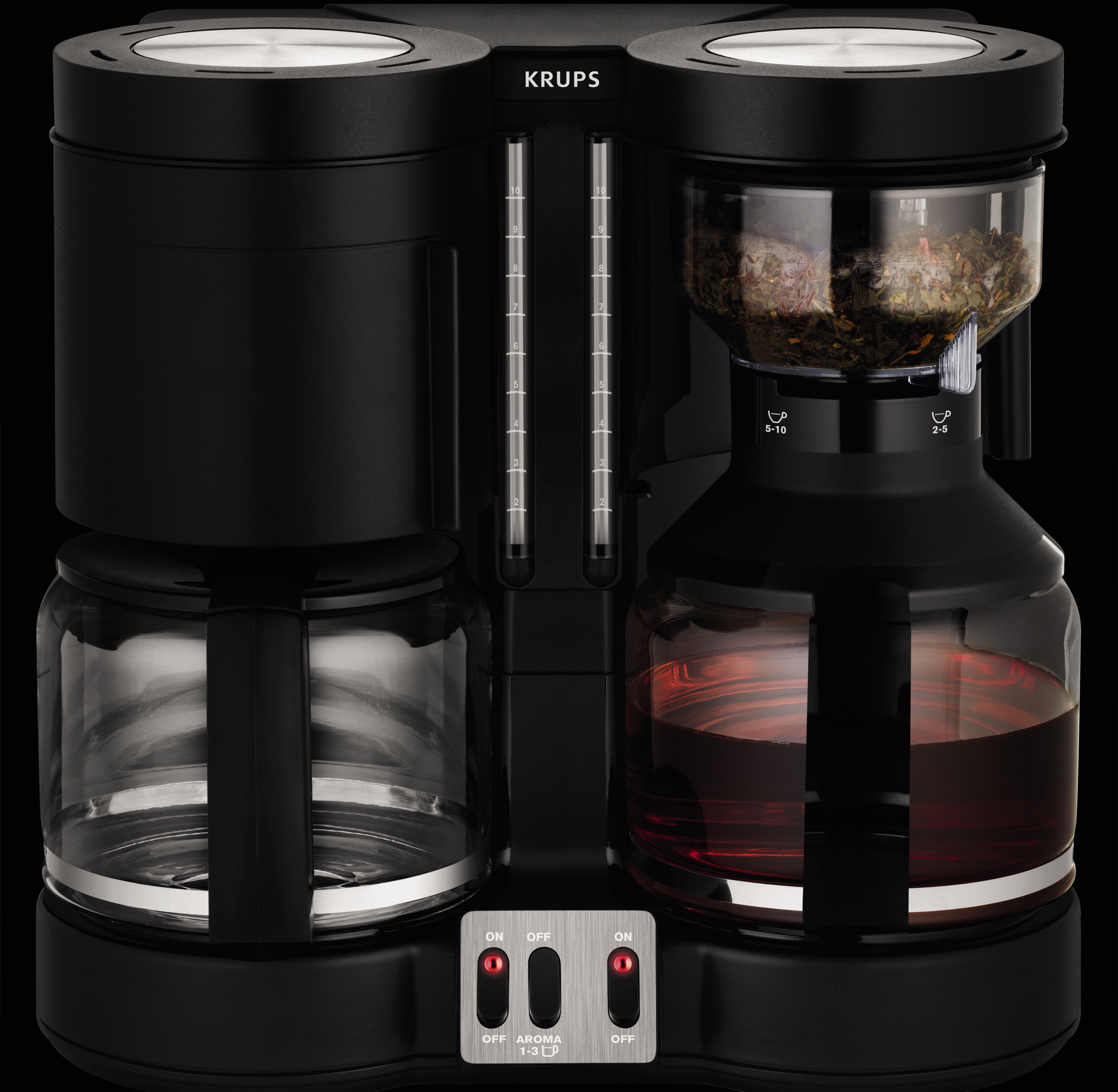 Schwarze Kaffeemaschine mit zwei Seiten. Eine Seite hat Kaffee, die andere Wasserstandsanzeigen und Knöpfe.