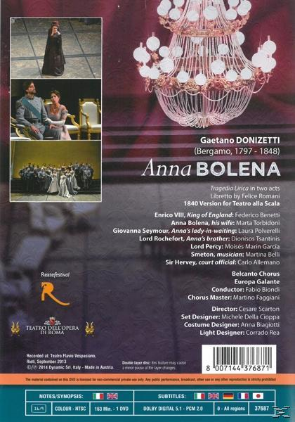 Rückseite der Anna Bolena Oper DVD mit Besetzung und Details. Bilder der Oper sind enthalten.