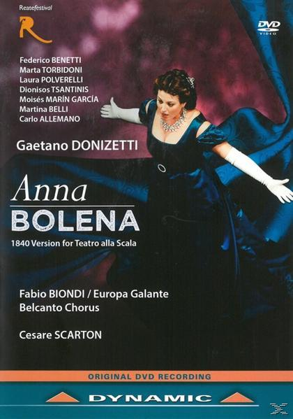 DVD-Cover: Anna Bolena-Oper, mit einer Frau in einem aufwändigen blauen Kleid und weißen Handschuhen.