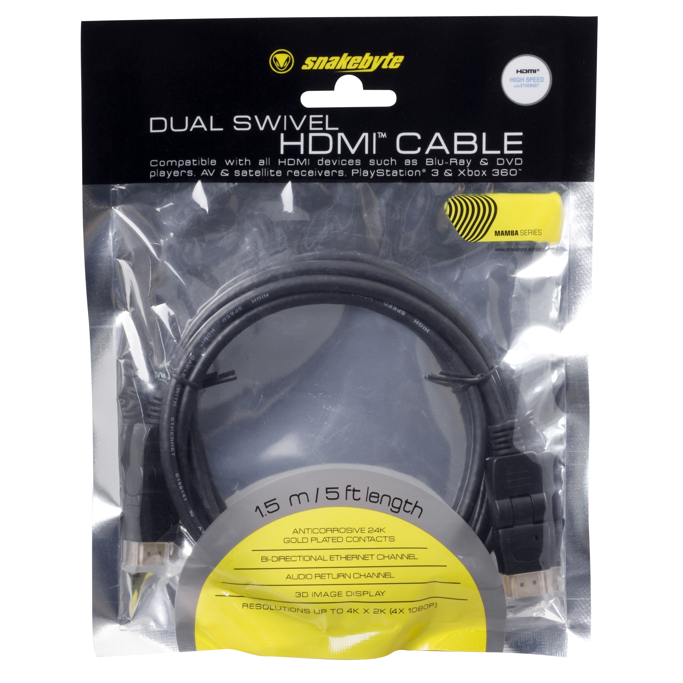 SNAKEBYTE Dual Swivel HDMI Kabel -1,5m - bewegliche HDMI Stecker, Schwarz