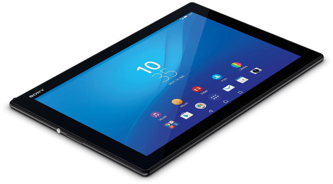 Sony-Tablet, schwarzer Rahmen, blauer Bildschirm mit Uhrzeit und App-Symbolen.