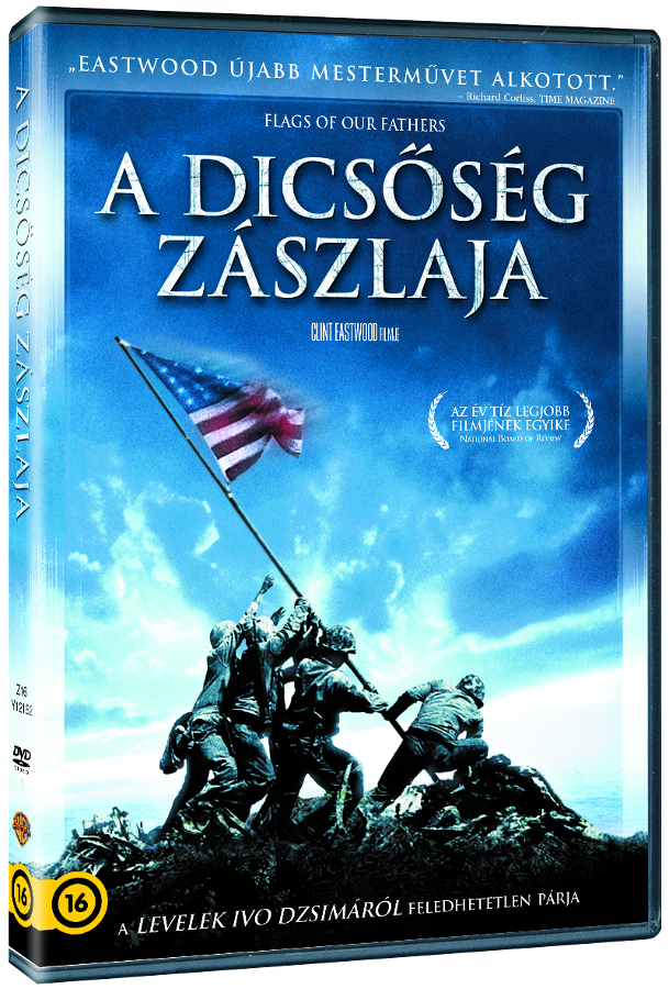 Zászlóink apja filmborítója. Katonák amerikai zászlót emelnek. Angol nyelvű szöveg. Értékelés balra.