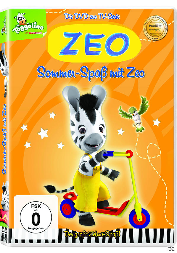DVD-Cover mit einem Zeichentrick-Zebra auf einem Roller. Der Titel der DVD lautet 'ZEO Sommer-Spaß mit Zeo'.