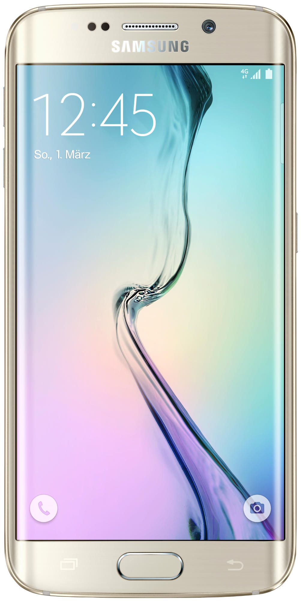 Goldenes Samsung-Telefon. Es hat einen gebogenen Bildschirm und eine Home-Taste. Der Bildschirm zeigt einen farbenfrohen Hintergrund.
