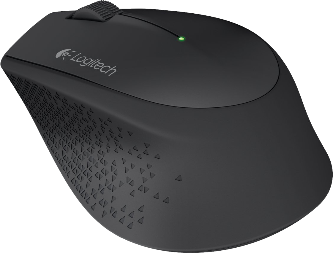 Fekete Logitech vezeték nélküli egér zöld fénnyel és texturált felülettel.