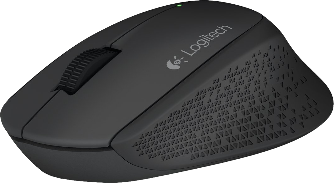 Fekete Logitech vezeték nélküli egér görgetőkerékkel és textúrázott oldallal.