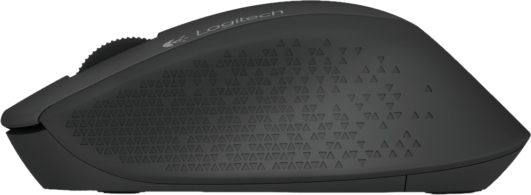 Egy fekete Logitech egér, texturált felülettel és görgetőkerékkel.