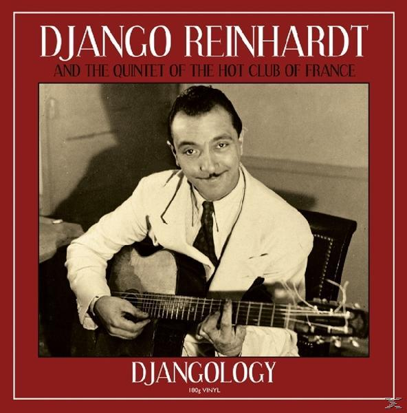 Album borító. Django Reinhardt gitározik. Piros szegély, fekete-fehér fotó, szöveg.