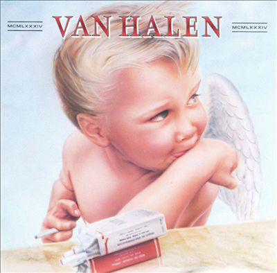 Van Halen album borító. Egy szárnyas puttó cigarettásdobozt tart. A zenekar neve felül.