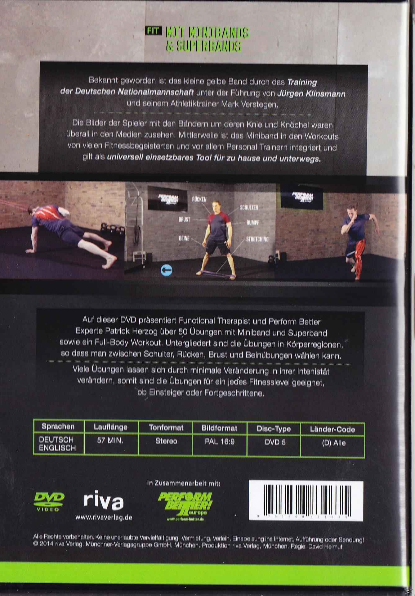 DVD-Cover: Rückseite einer DVD mit drei Männern, die Übungen mit Bändern demonstrieren, Text auf Deutsch.