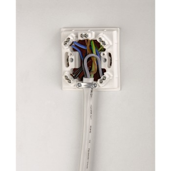 Une prise électrique avec des fils connectés. La prise est blanche et les fils sont de différentes couleurs.