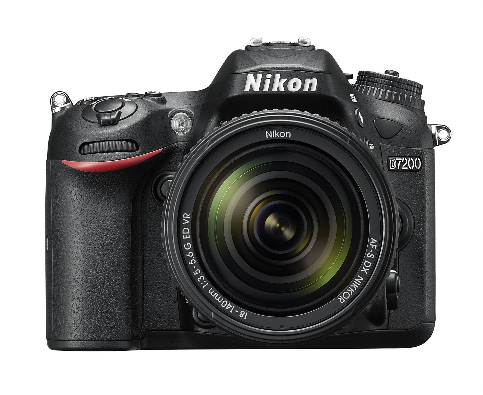 Schwarze Nikon D7200 Kamera. Großes Objektiv, Knöpfe und Nikon-Logo sichtbar. Roter Streifen oben.