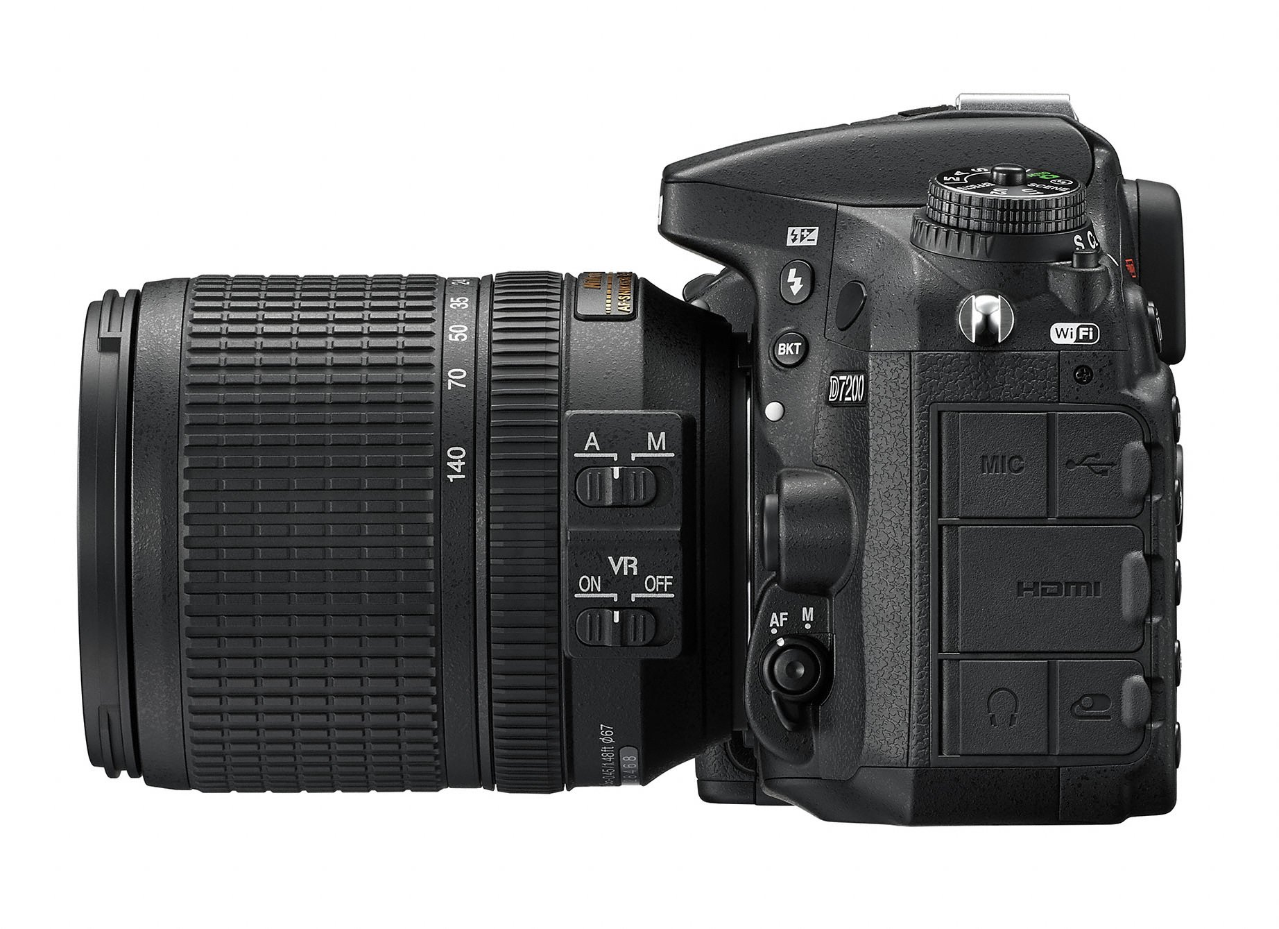 Eine DSLR-Kamera mit einem großen Objektiv. Die Kamera ist schwarz und hat verschiedene Knöpfe und Bedienelemente.