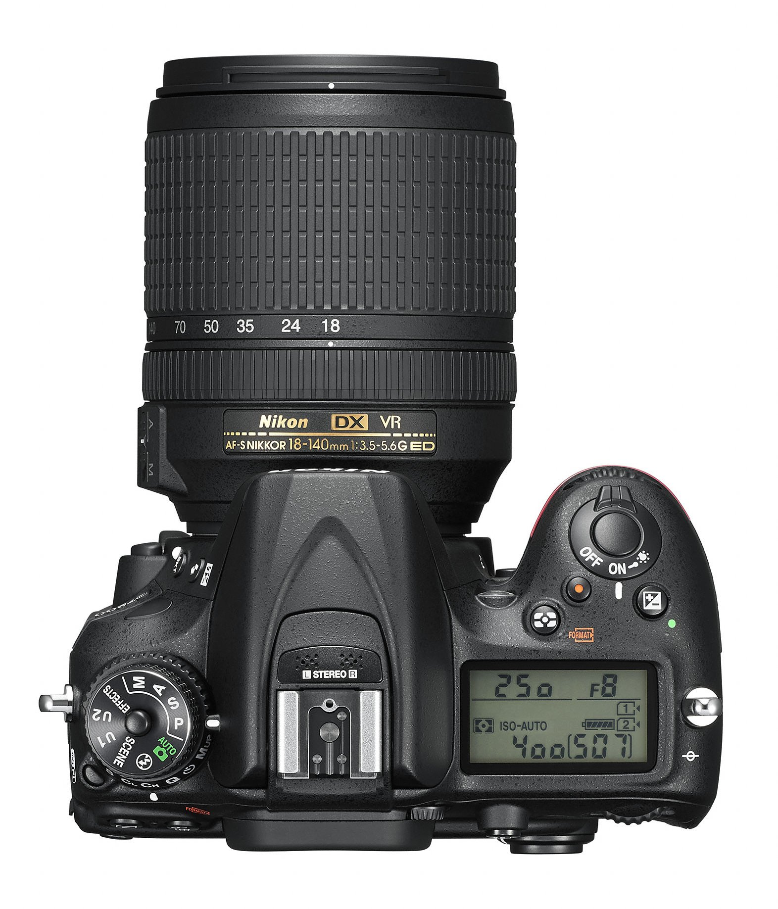 Draufsicht auf eine schwarze Nikon-Kamera mit großem Objektiv, verschiedenen Knöpfen und einem Display.