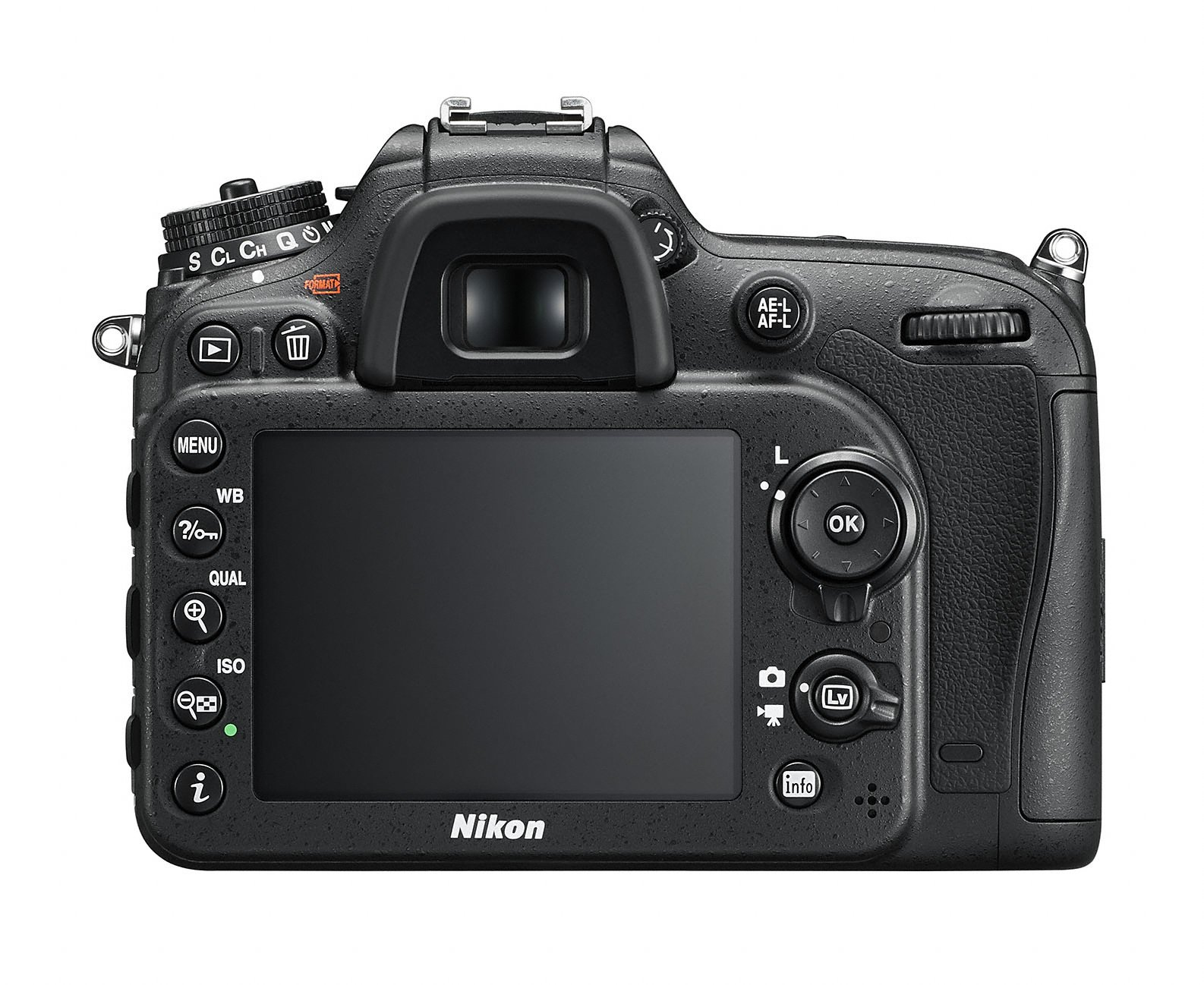 Schwarze Nikon Kamerarückseite. Hat einen Bildschirm und Knöpfe.