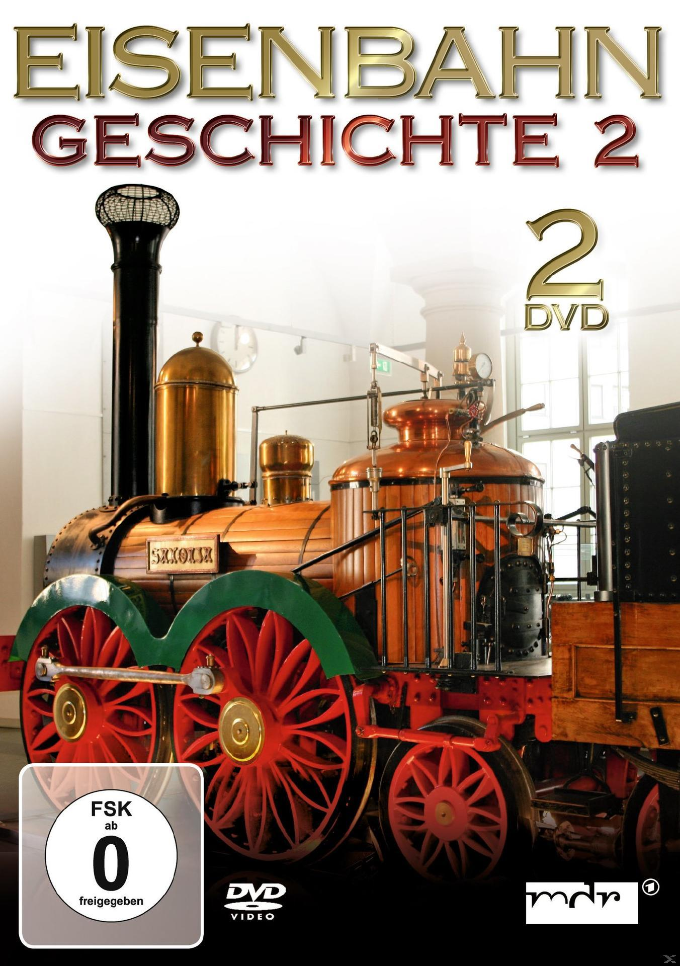 DVD-Cover für Eisenbahn Geschichte 2. Es zeigt einen alten Zug in einem Gebäude.