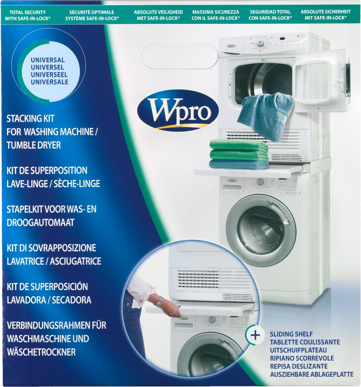 Wpro egymásra rakó készlet mosógéphez és szárítógéphez, fehér készülékek, kék és zöld törölközők.