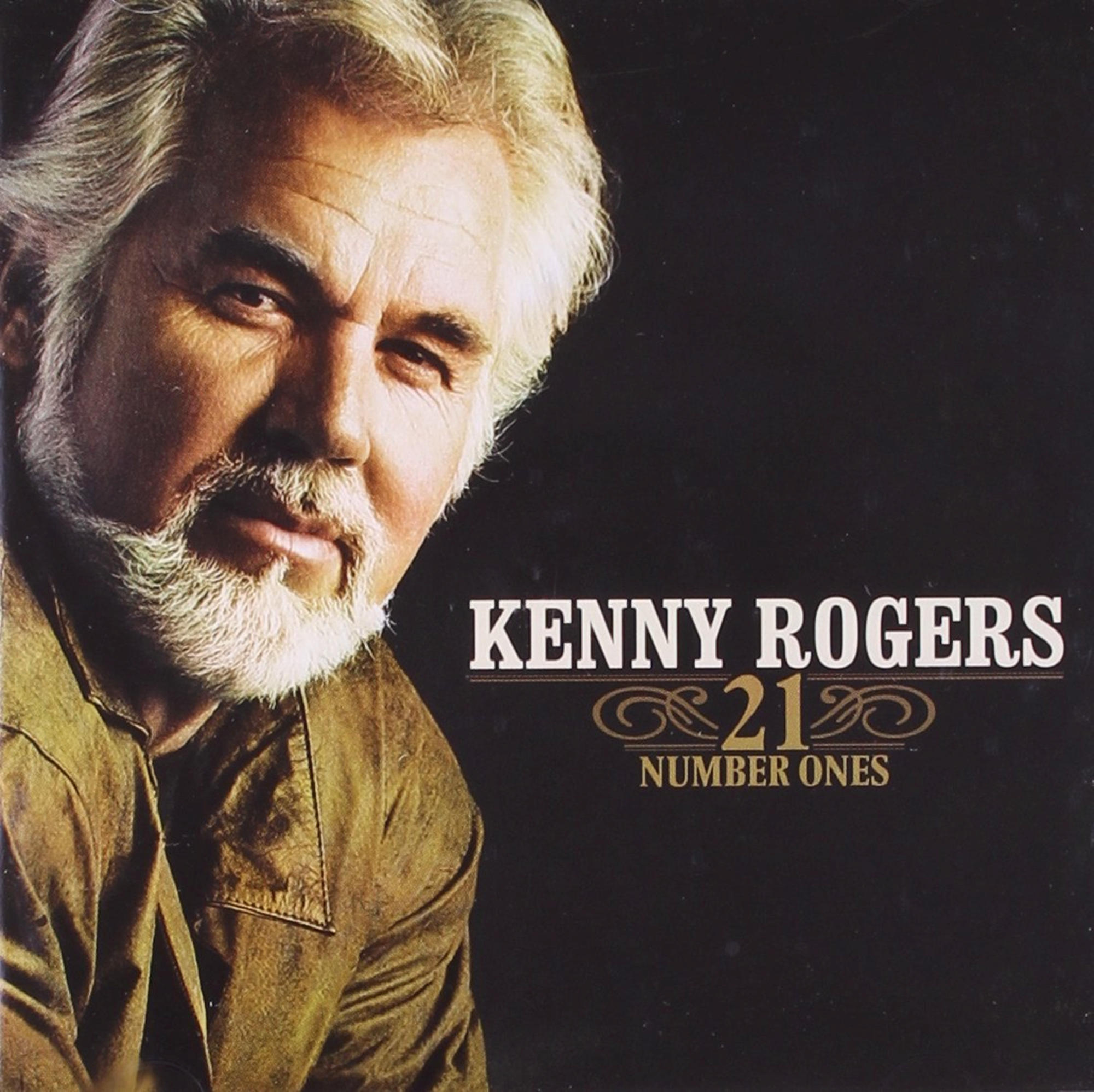 Albumcover von Kenny Rogers. Nahaufnahme seines Gesichts mit dem Text "21 Number Ones".