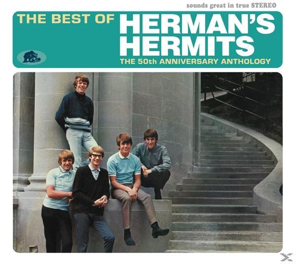 Albumcover: The Best of Herman's Hermits, mit Bandmitgliedern, die auf Stufen posieren.