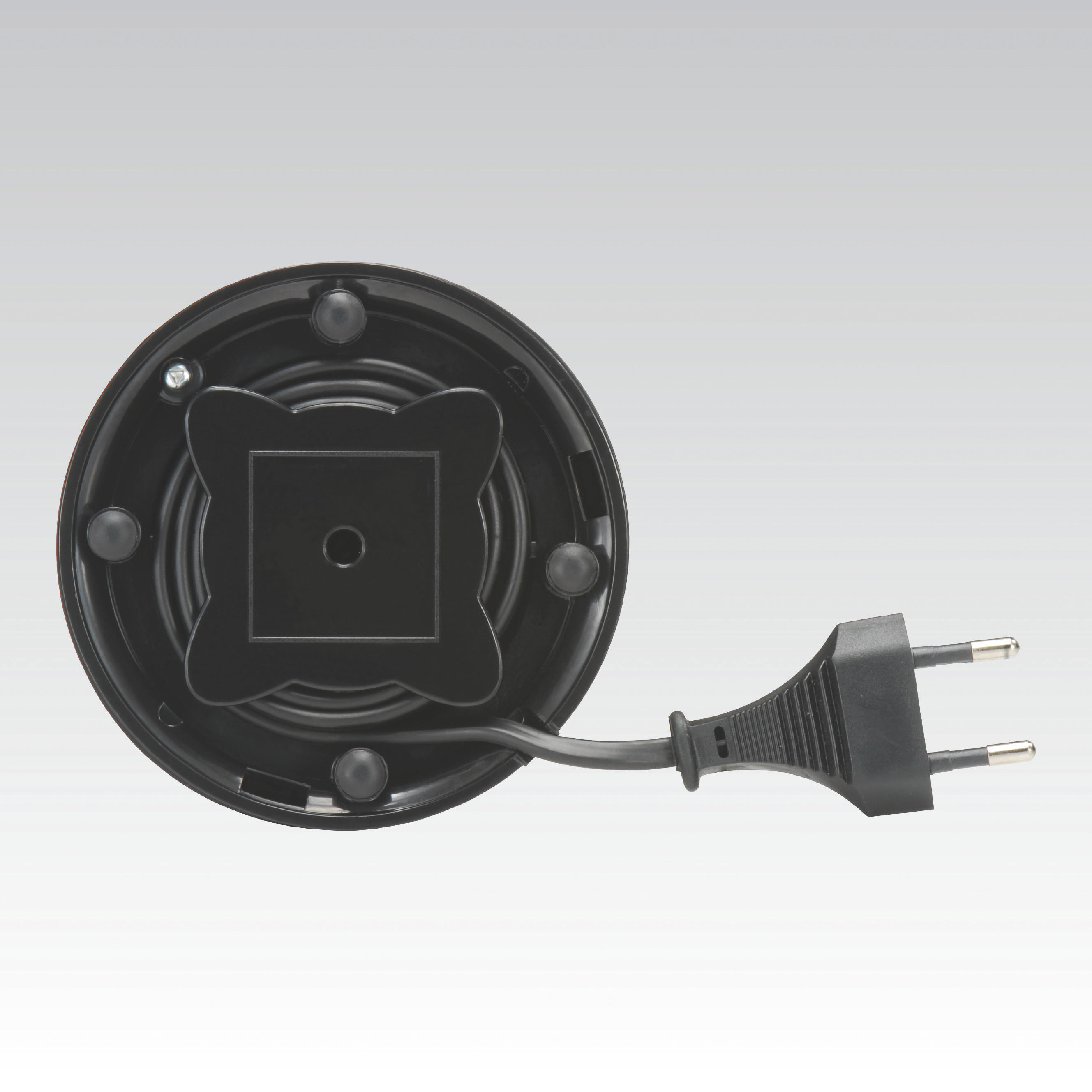 Die Unterseite eines Waffeleisens. Enthält den Stecker und etwas schwarzen Kunststoff.