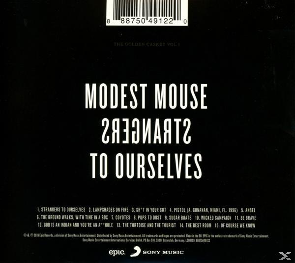 Albumcover für 'Strangers to Ourselves' von Modest Mouse. Schwarzer Hintergrund mit weißem Text. Songtitel gelistet.