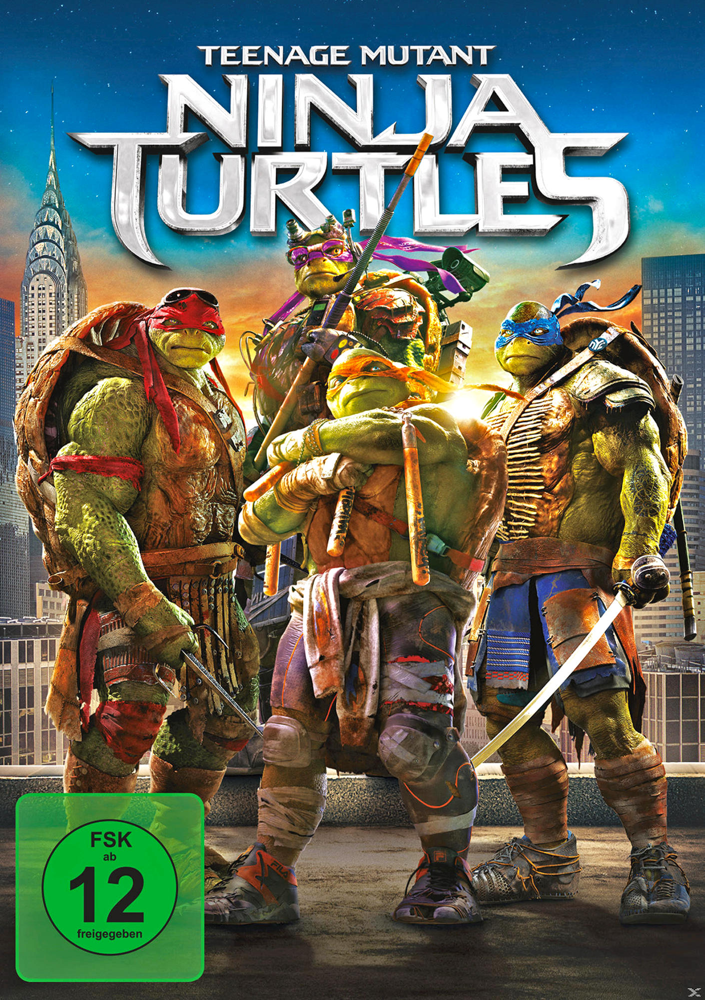 Teenage Mutant Ninja Turtles DVD-Cover. Vier Turtles in Action-Posen vor einer Stadt.