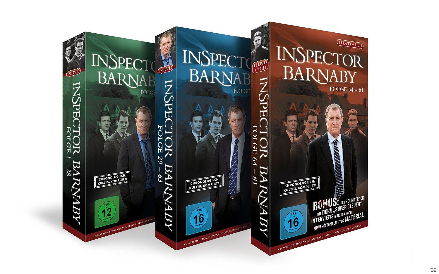 DVD-Box-Set von 'Inspector Barnaby'. Drei Boxen mit dem gleichen Mann auf dem Cover. Text auf Deutsch.