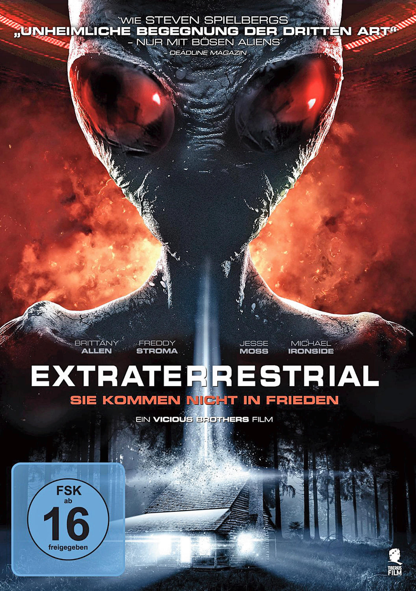 Filmplakat von Extraterrestrial mit einem Alien-Gesicht in der Mitte und einer Waldszene unten.