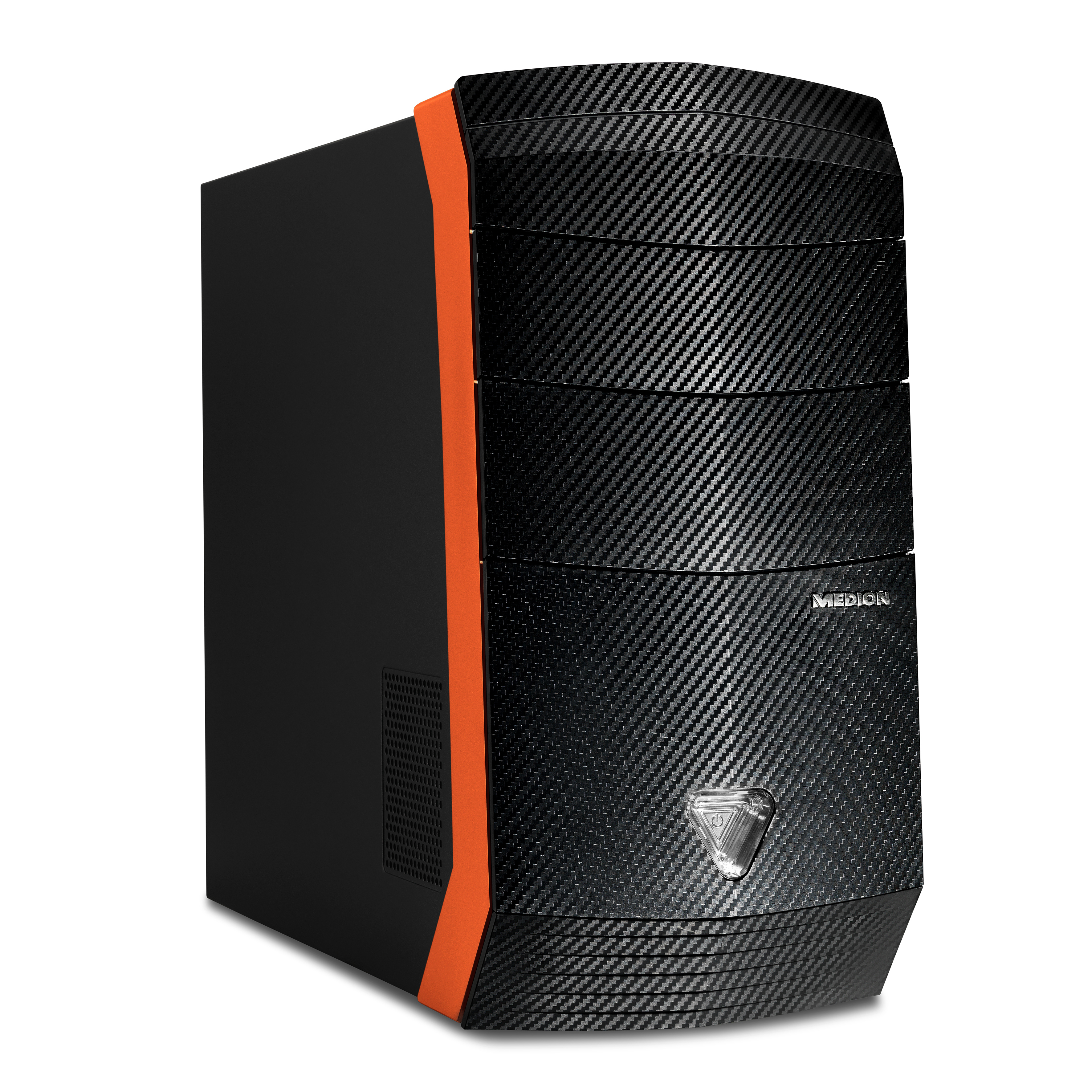 Ein schwarzes und oranges Computergehäuse auf weißem Hintergrund. Es hat eine strukturierte Frontplatte.