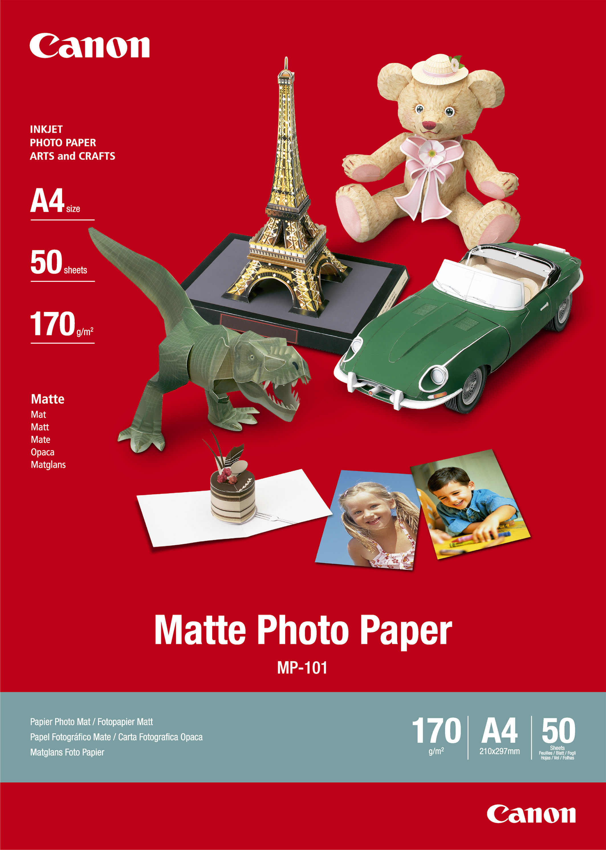 Publicité papier photo Canon : Tour Eiffel, voiture jouet, ours en peluche, dinosaure et photos sur fond rouge.