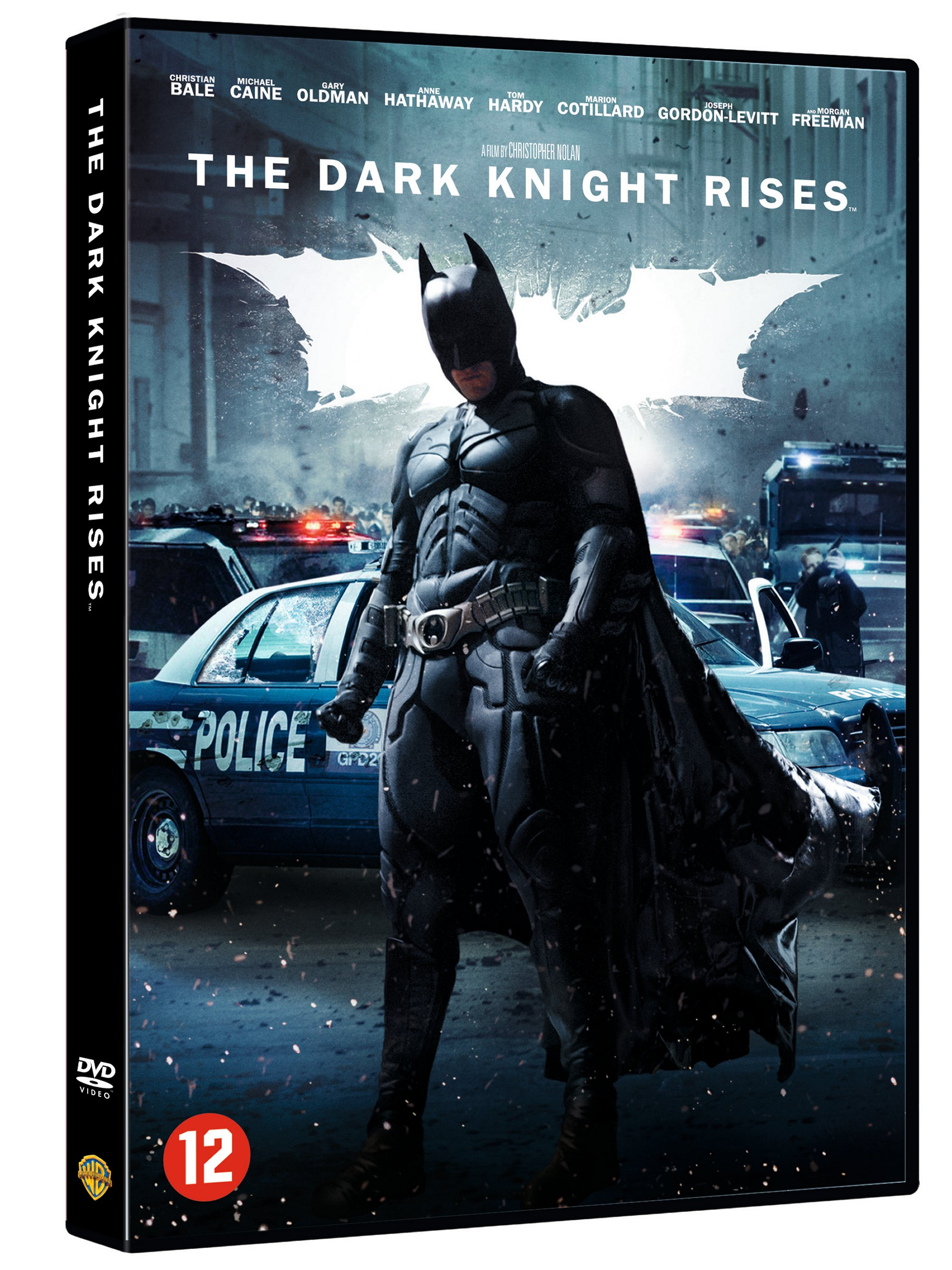 Jaquette DVD : The Dark Knight Rises, Batman devant des voitures de police.