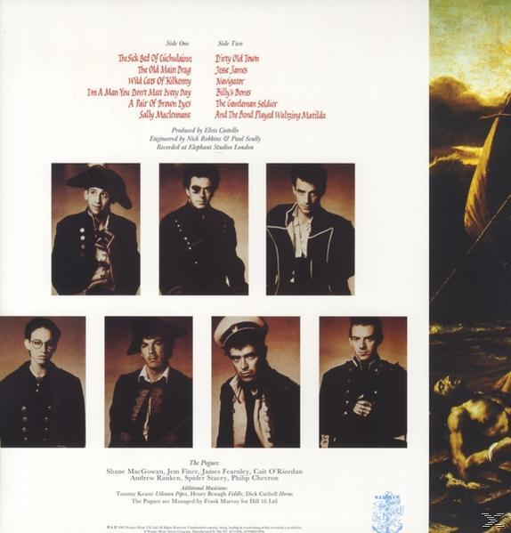Albumcover mit Bandmitgliedern in verschiedenen Posen, Text enthält Songtitel und 'The Pogues'.