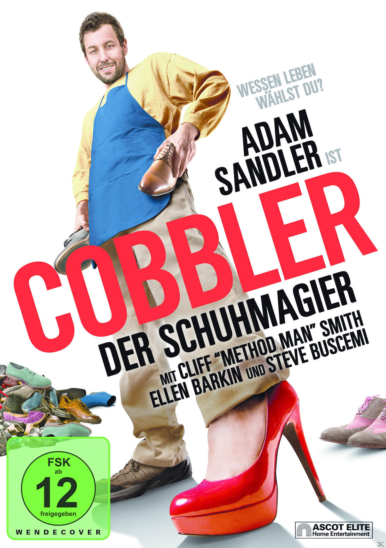 Filmplakat. Adam Sandler hält einen Schuh, mit großem Text "COBBLER" und rotem Absatz einer Frau.
