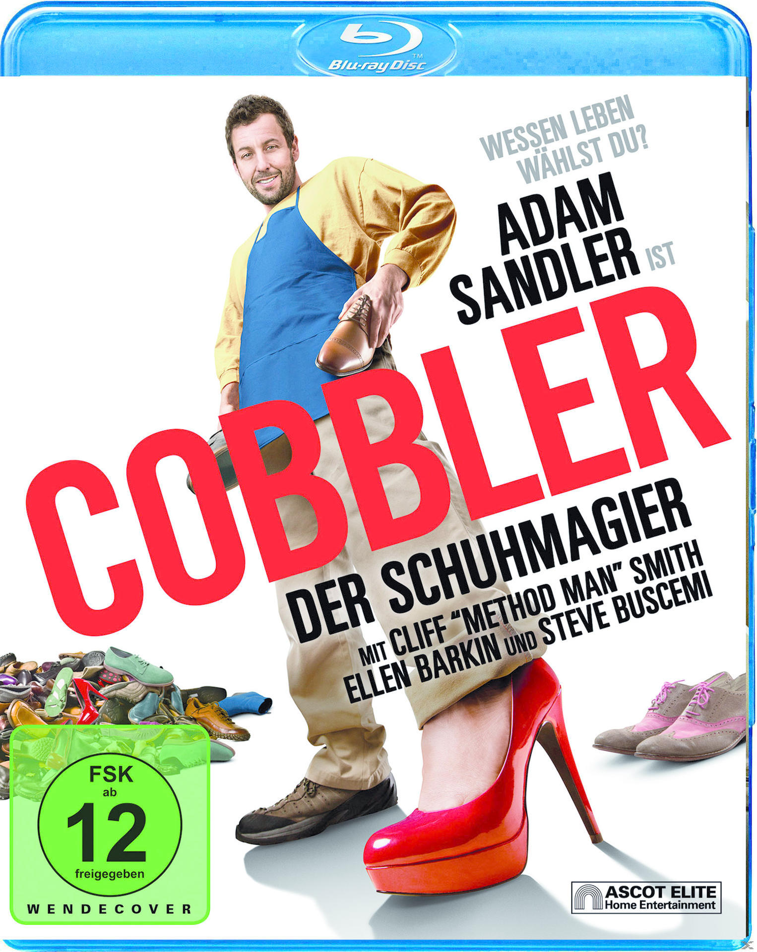 Filmcover. Adam Sandler hält einen Schuh. Titel Cobbler mit Schuhbildern. FSK 12 Logo, blaue Blu-ray-Hülle.