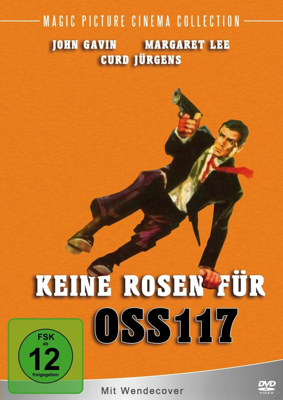 Filmplakat für 'OSS 117'. Ein Mann im Anzug zielt mit einer Waffe. Titel: 'KEINE ROSEN FÜR OSS117'. Oranger Hintergrund, Namen oben.