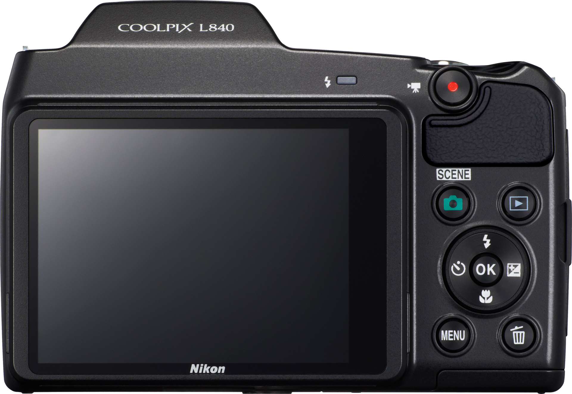 Fekete digitális kamera hátulja képernyővel, gombokkal és Nikon logóval.