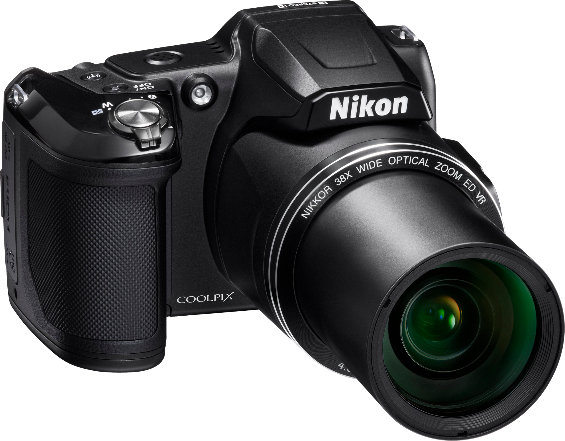 Fekete Nikon Coolpix kamera. Nagy objektív, Nikon logó látható. Zoom és gombok is vannak.