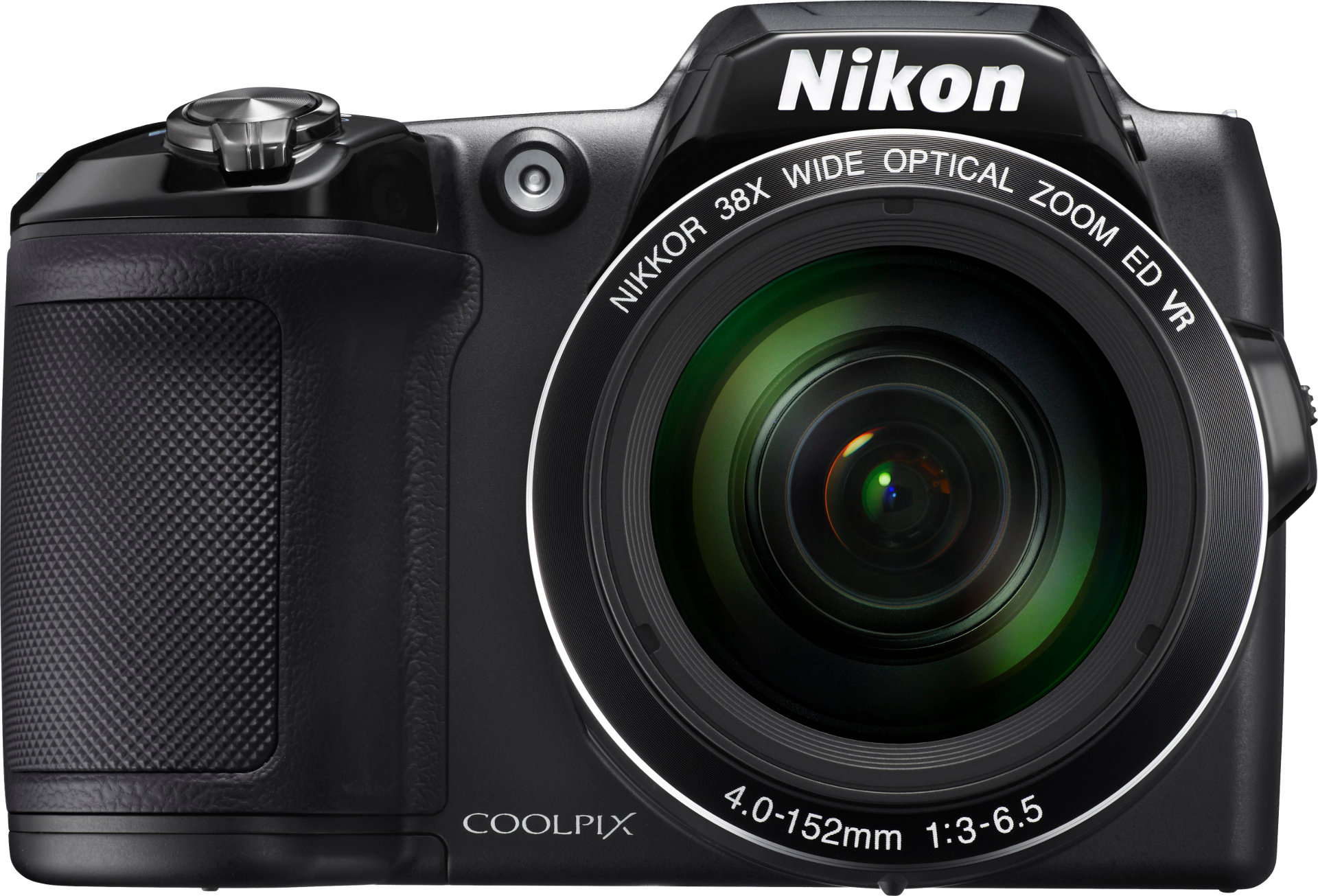 Egy fekete Nikon Coolpix kamera nagy objektívvel, gombokkal és szöveggel.