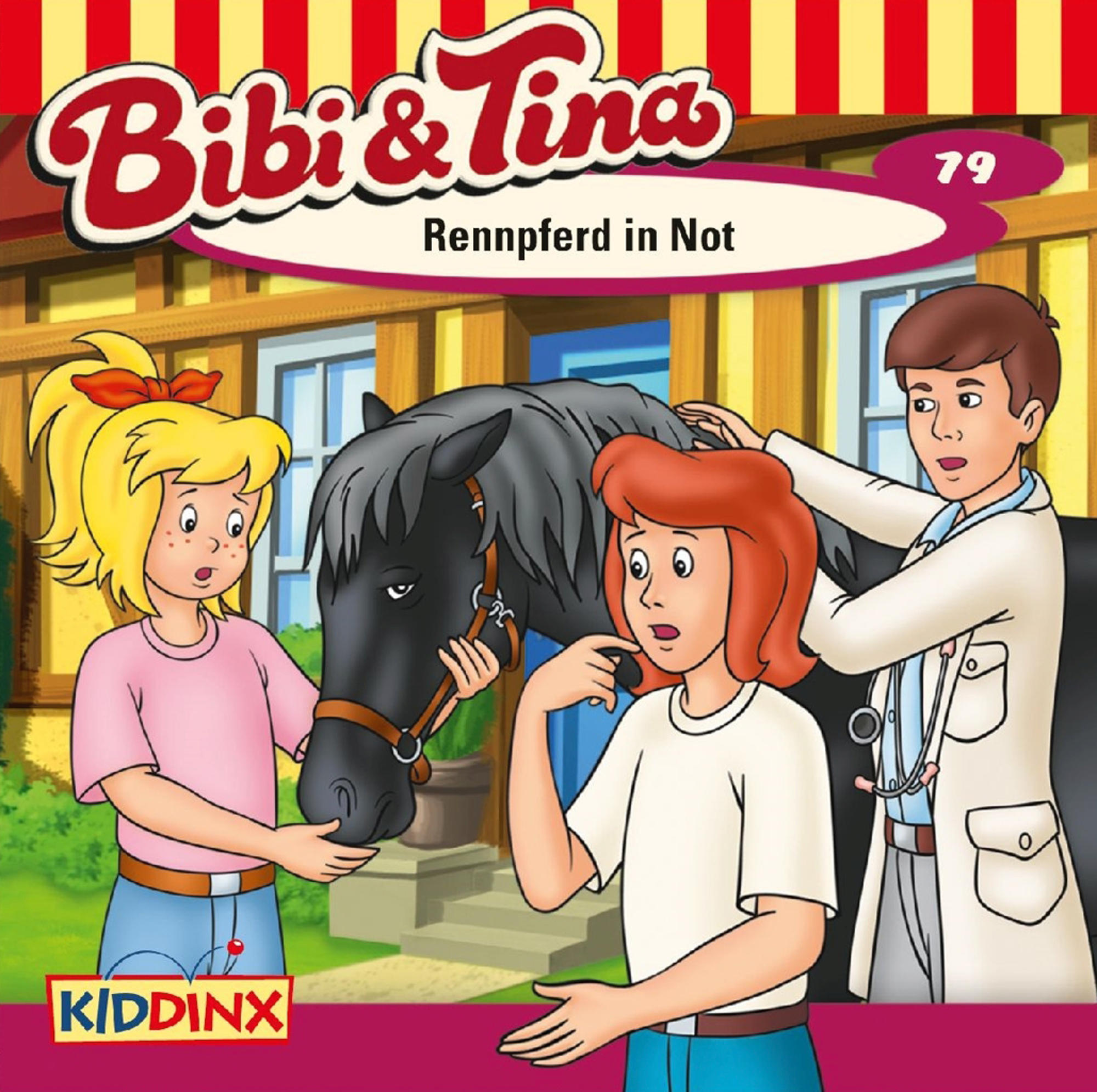 Cartoon-Illustration eines Pferdes und zweier Mädchen mit einem Tierarzt. Text: Bibi & Tina.