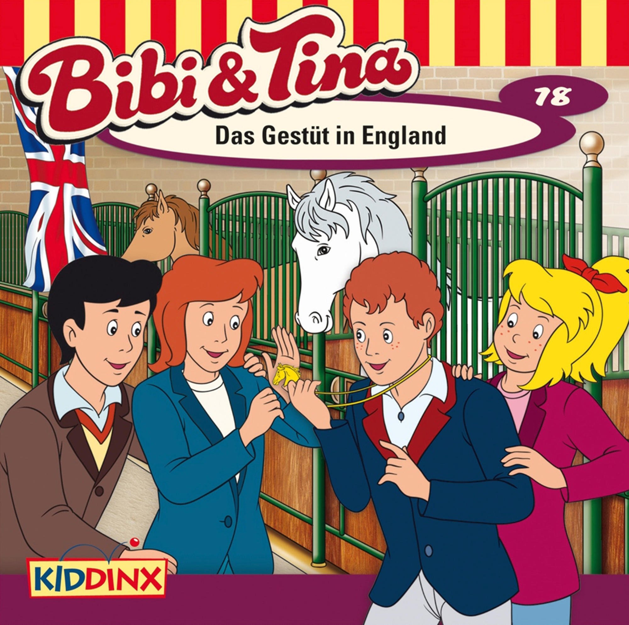 Cartoonbild von Bibi und Tina, mit Pferden und einer britischen Flagge.